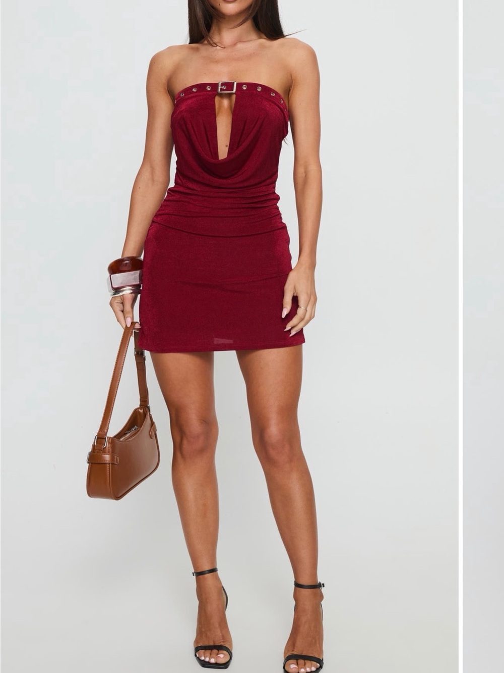 Princess Polly Strapless Burgundy Mini Dress with Stud Detail